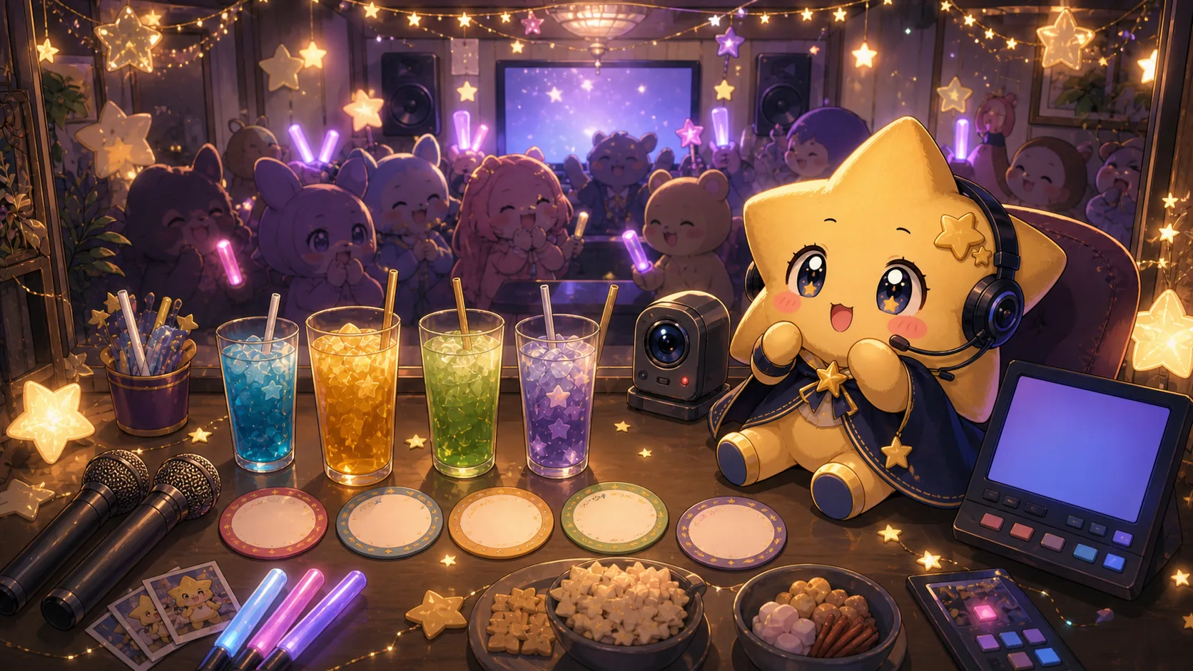星詠みの推し活とリアルタイムサプライズを描いたカラオケルームのテーブル