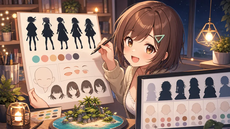 配信部屋の机でキャラクリ用のメモと小さな島模型を前に考え込むオリジナル女性キャラクターのイメージ