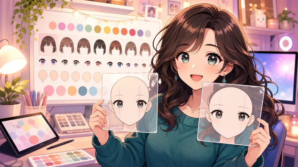 柔らかな配信部屋で前髪のラフと目の位置メモを見比べる成人風オリジナル女性キャラクターのイメージ