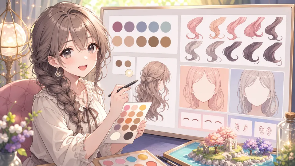 パステル色のカラーパレットと髪のカーブ見本を並べてMii風ラフを調整するオリジナル女性キャラクターのイメージ