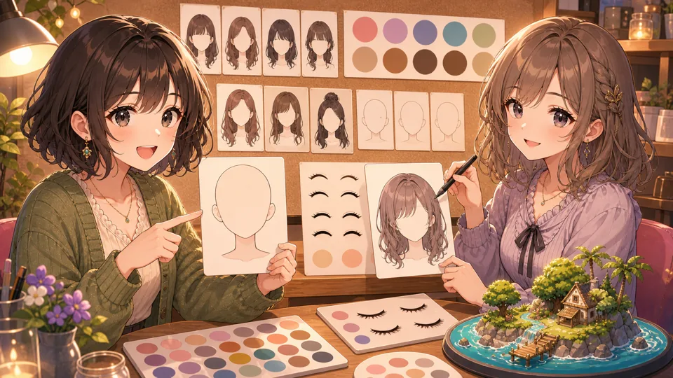 並べた二人分の色見本と髪型ラフを見ながらコピーと描き直しを考えるオリジナル女性キャラクターのイメージ