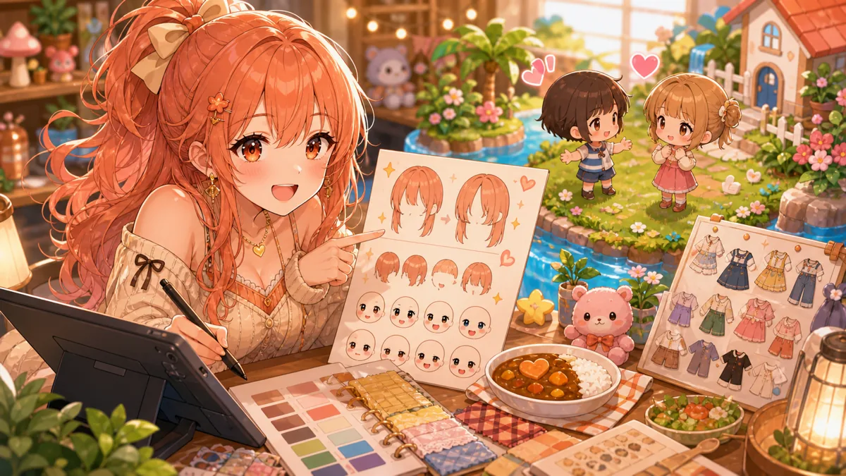 前髪の重なりと衣装サンプルを見比べるオリジナル女性キャラクターのイメージ