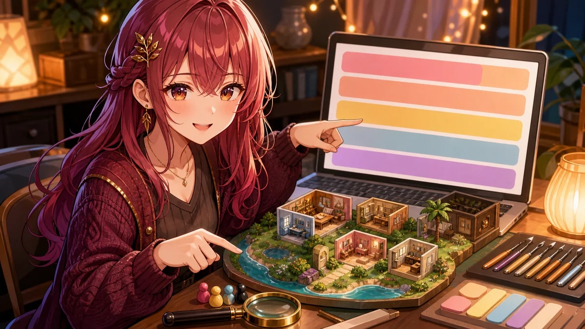 配信アーカイブの確認メモとミニチュア島を机に並べたオリジナル女性キャラクターのイメージ