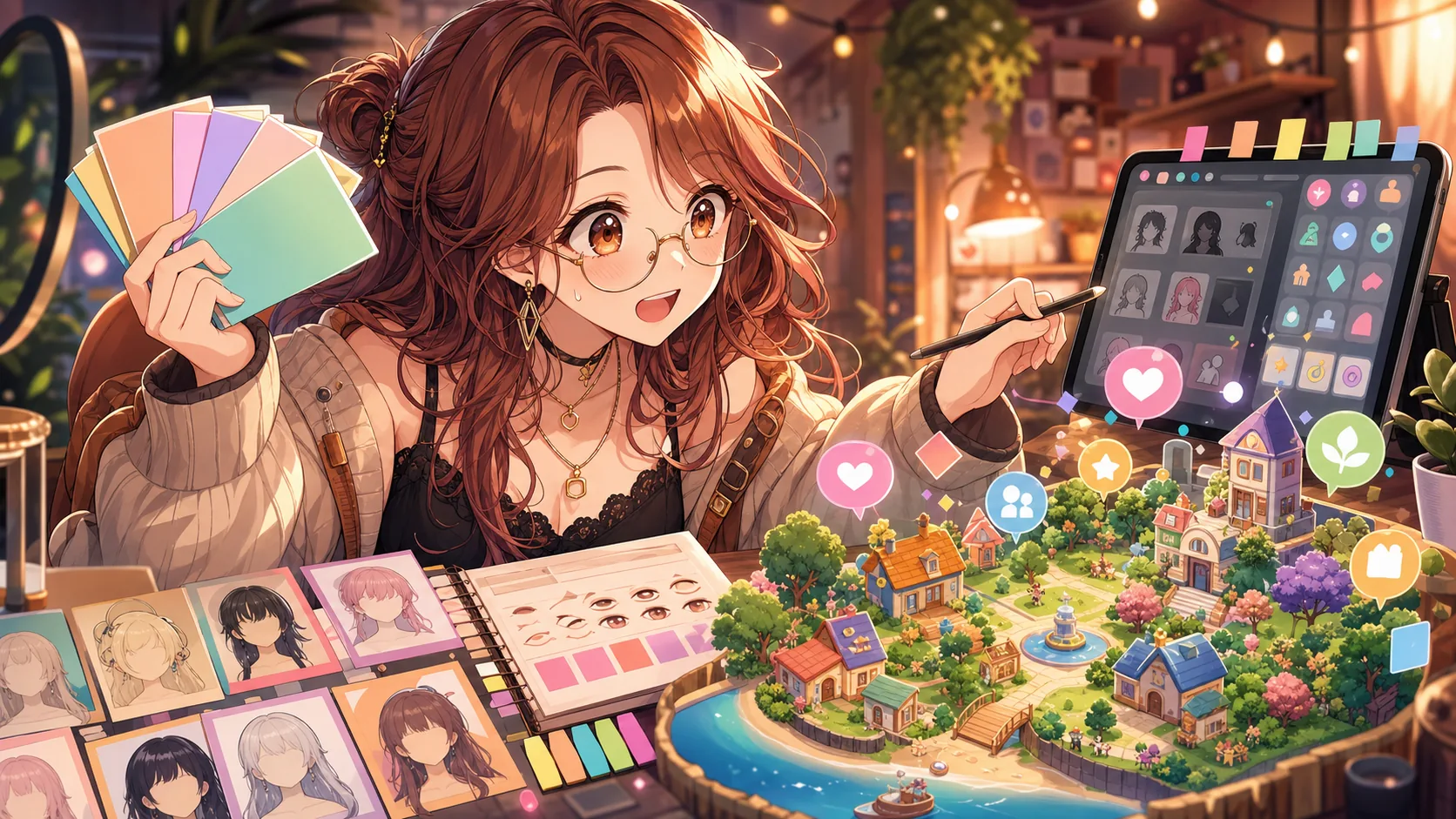 配信外で作った住人を確認しながら島の出来事に驚くオリジナル女性キャラクターのイメージ