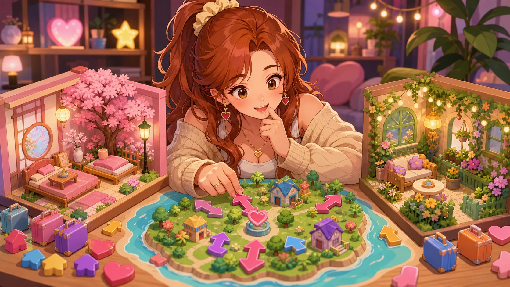 住人同士の恋愛矢印を見ながら島の方針を考えるオリジナル女性キャラクターのイメージ