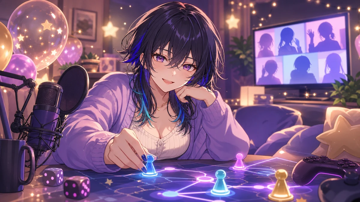 ゲームトークンと通話画面で次の遊びを示す配信部屋のイメージ