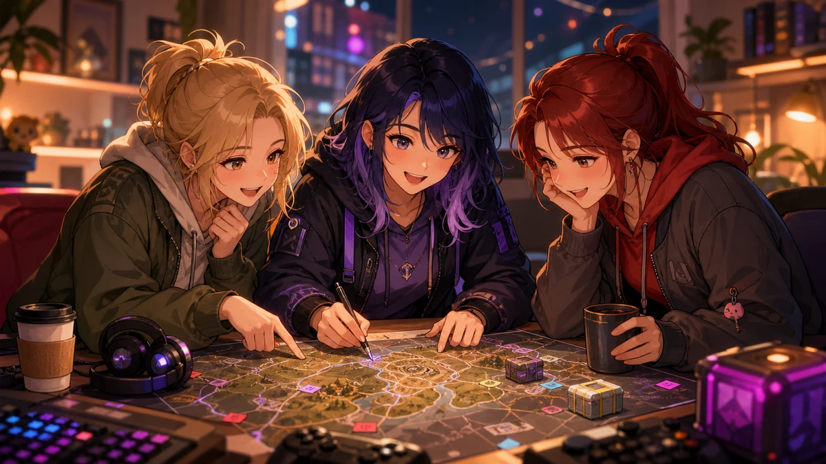 配信部屋で戦術マップとヘッドセットを前に準備する女性キャラクタートリオ
