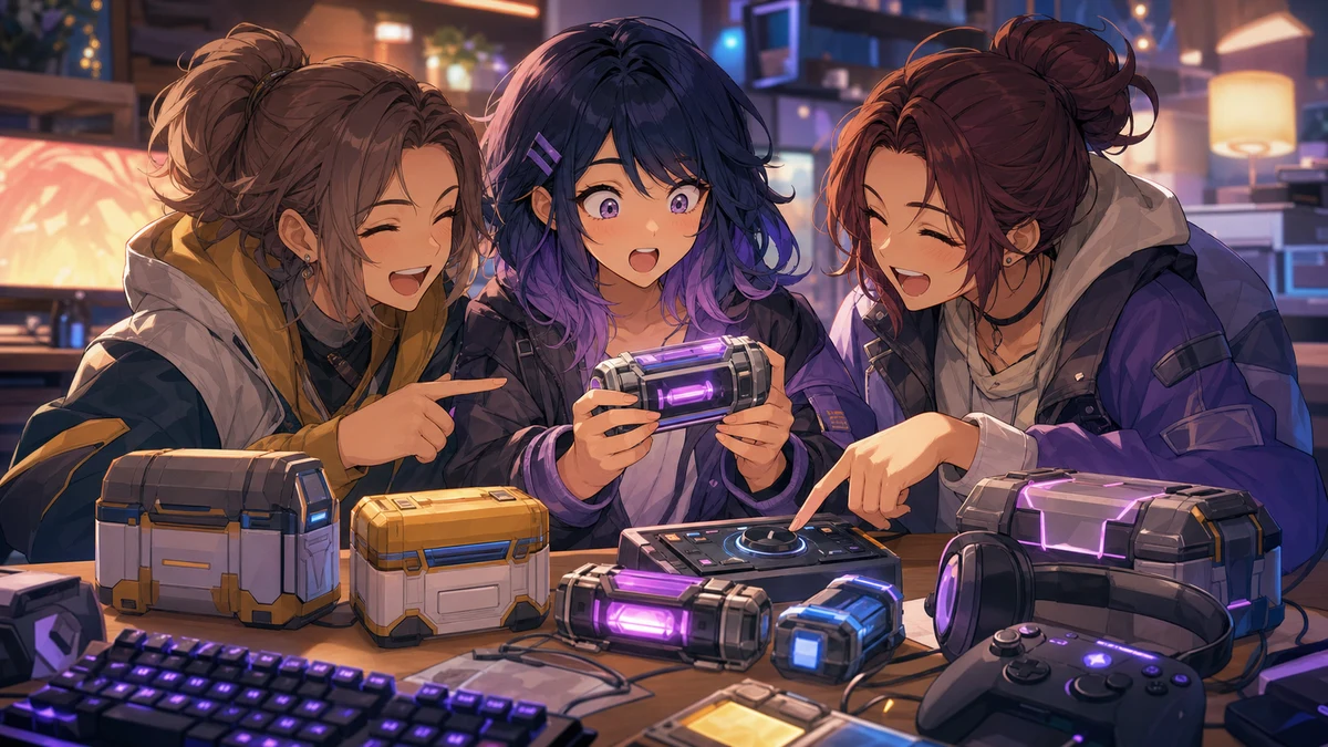 光る武器パーツと戦利品ボックスを囲む女性キャラクターたち