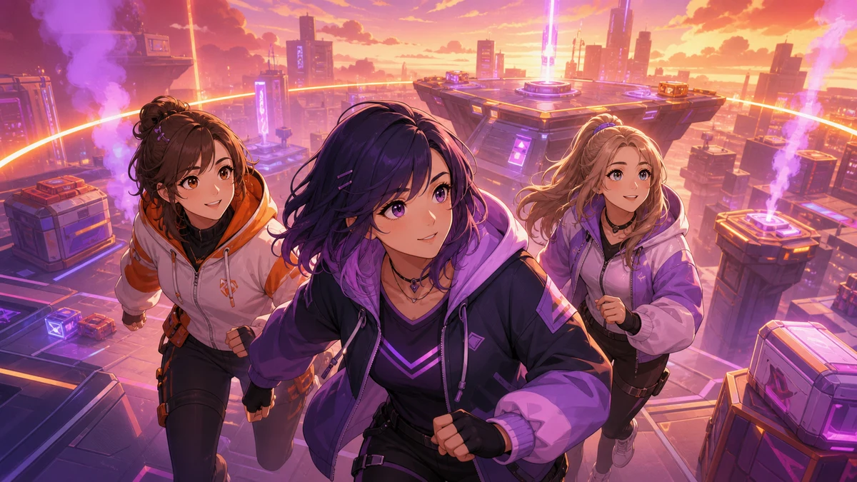 夕方の抽象都市マップで高所へ飛び込む女性キャラクタートリオ