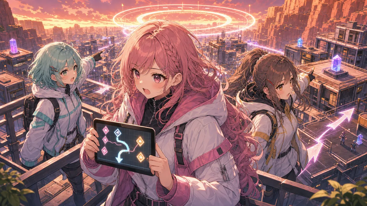 屋上とリング位置を示す戦術マップを確認するオリジナル女性キャラクタートリオ
