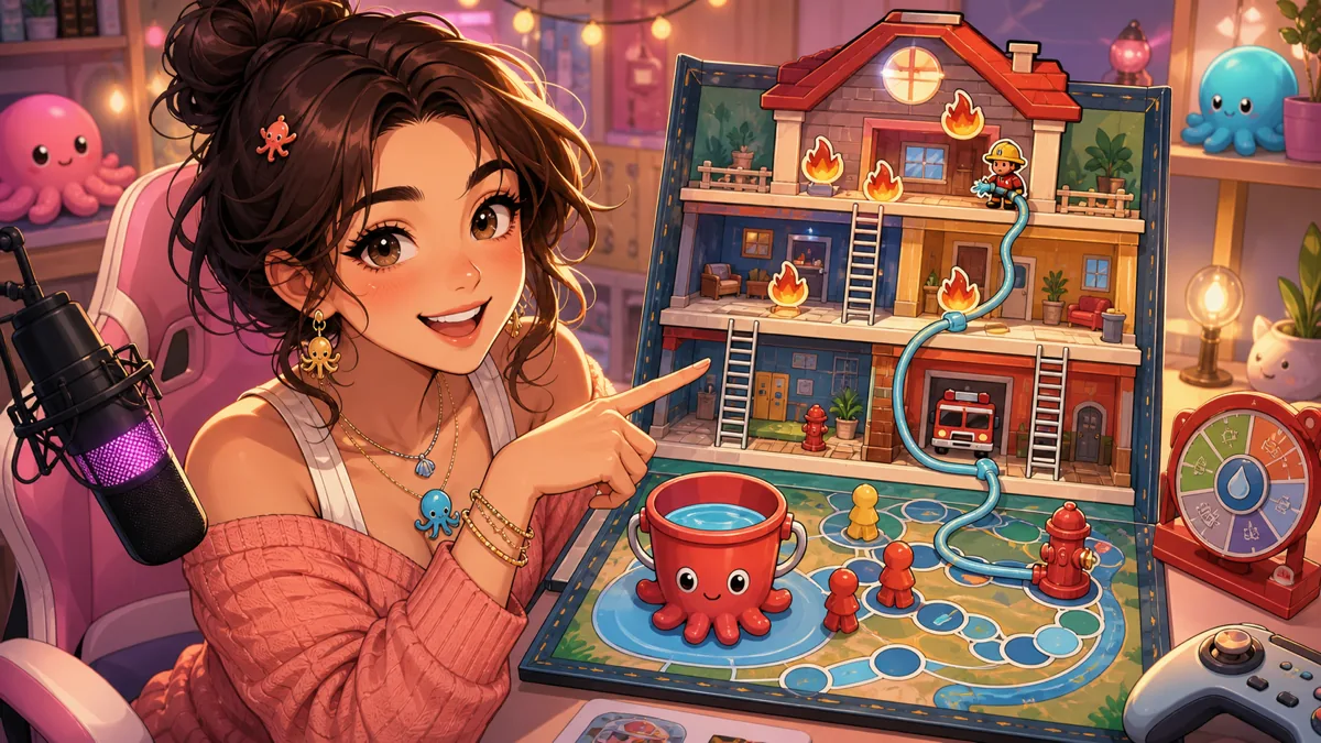 配信部屋で消防ゲームのルールを説明するオリジナル女性キャラクターのイメージ