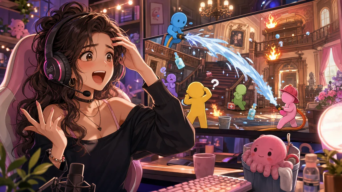 火事の画面を見て驚くオリジナル女性キャラクターのイメージ
