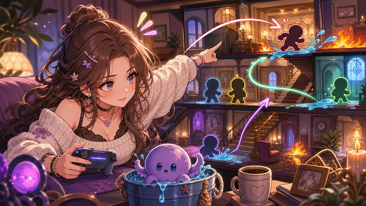 三階建ての屋敷マップを指差して追跡するオリジナル女性キャラクターのイメージ