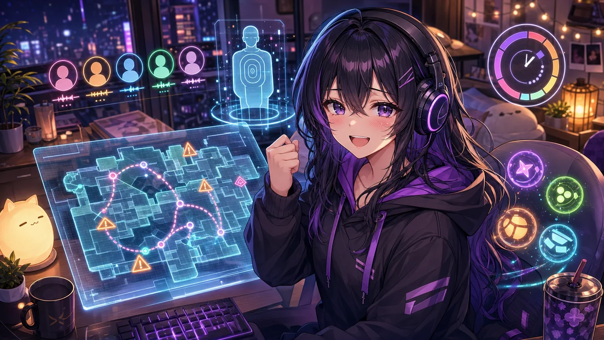 スプリット終盤の作戦盤とターゲット練習用のホログラムを前に意気込むオリジナル女性キャラクターのイメージ