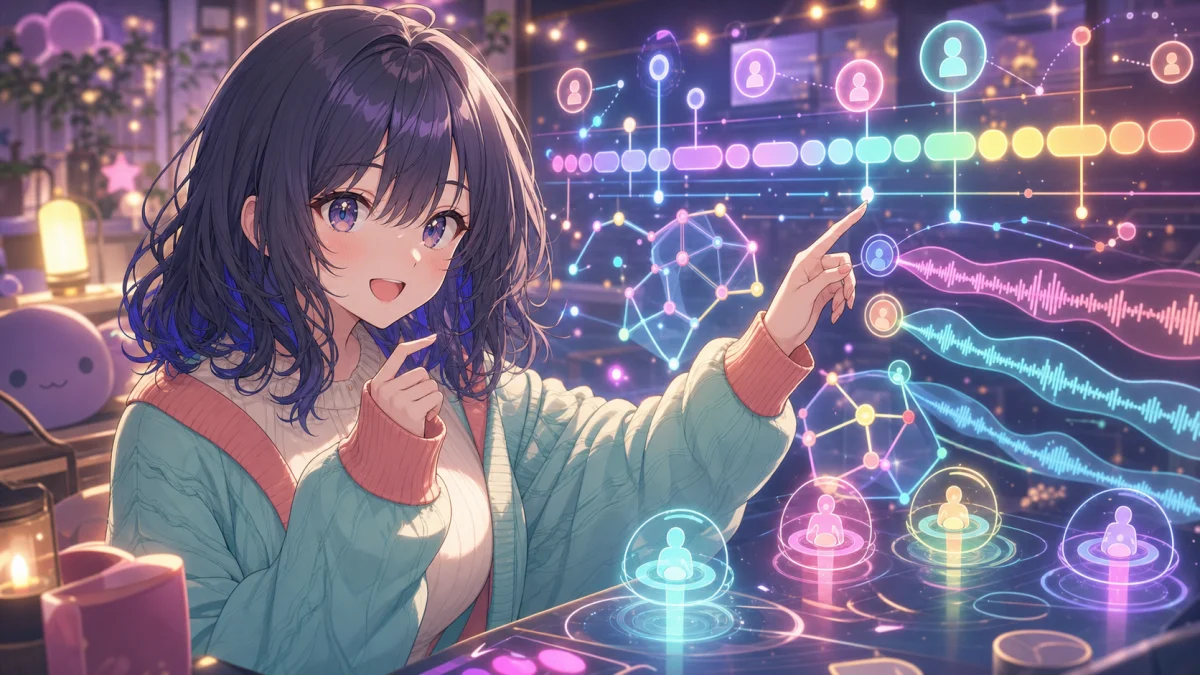 抽象タイムラインと音声波形を見ながら配信の確認点を整理するオリジナル女性キャラクターのイメージ