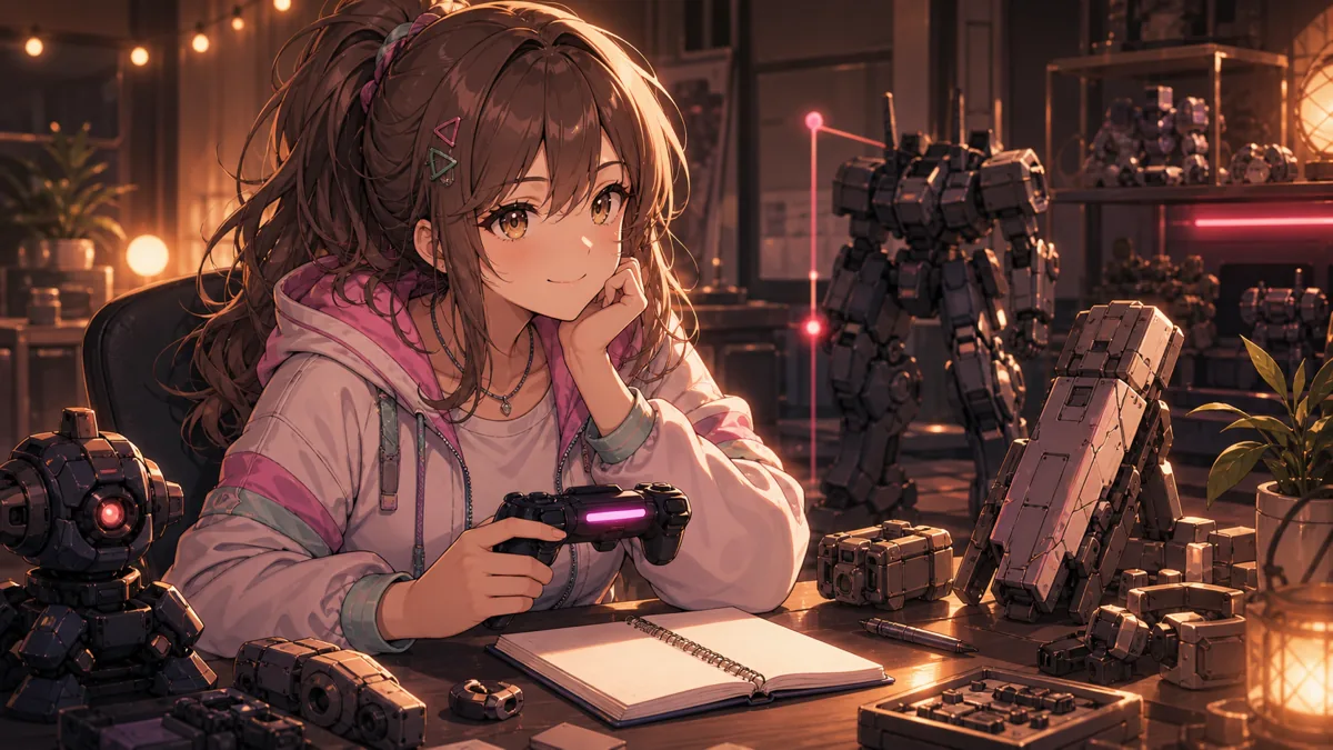 配信後の机で戦闘ログとパーツを見直すオリジナル女性キャラクターのイメージ