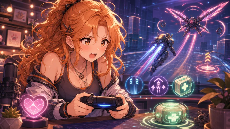 チュートリアルでブーストと回避に苦戦するオリジナル女性配信者のイラスト