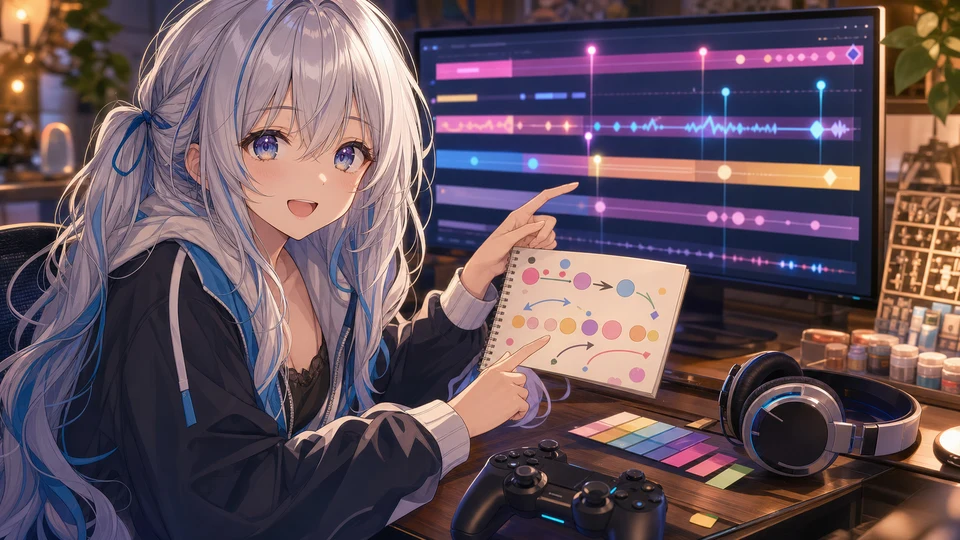 アーカイブの時間帯を整理しながら次回の山場を見比べるオリジナル女性配信者のイラスト