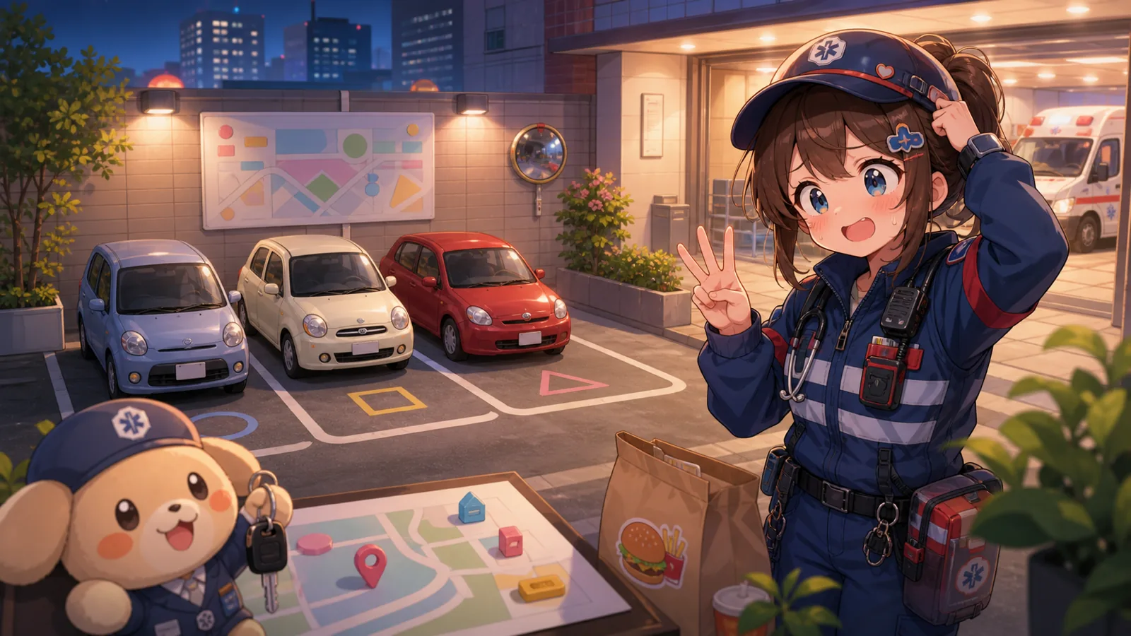 病院横の小さな駐車スペースと救急隊の買い出し導線を考えるオリジナルキャラクターのイメージ