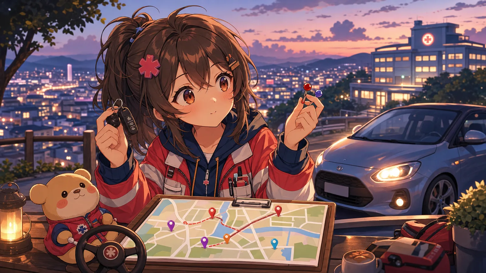 車の乗り心地を確かめながら西病院への搬送ルートを見比べるオリジナルキャラクターのイメージ