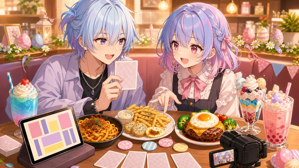 カフェテーブルで料理とカードを前に読み合いを整理するオリジナルイラスト
