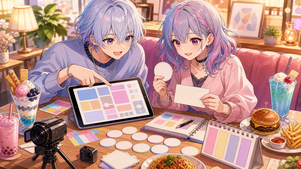 カフェの机でタブレットとカードを使って確認元を整理するオリジナルイラスト
