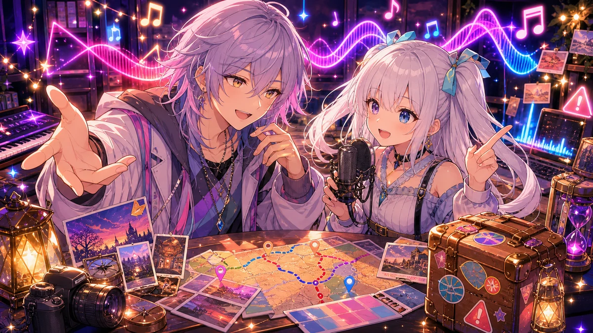 音符の光と旅行地図を囲んで会話する二人の人物イラスト