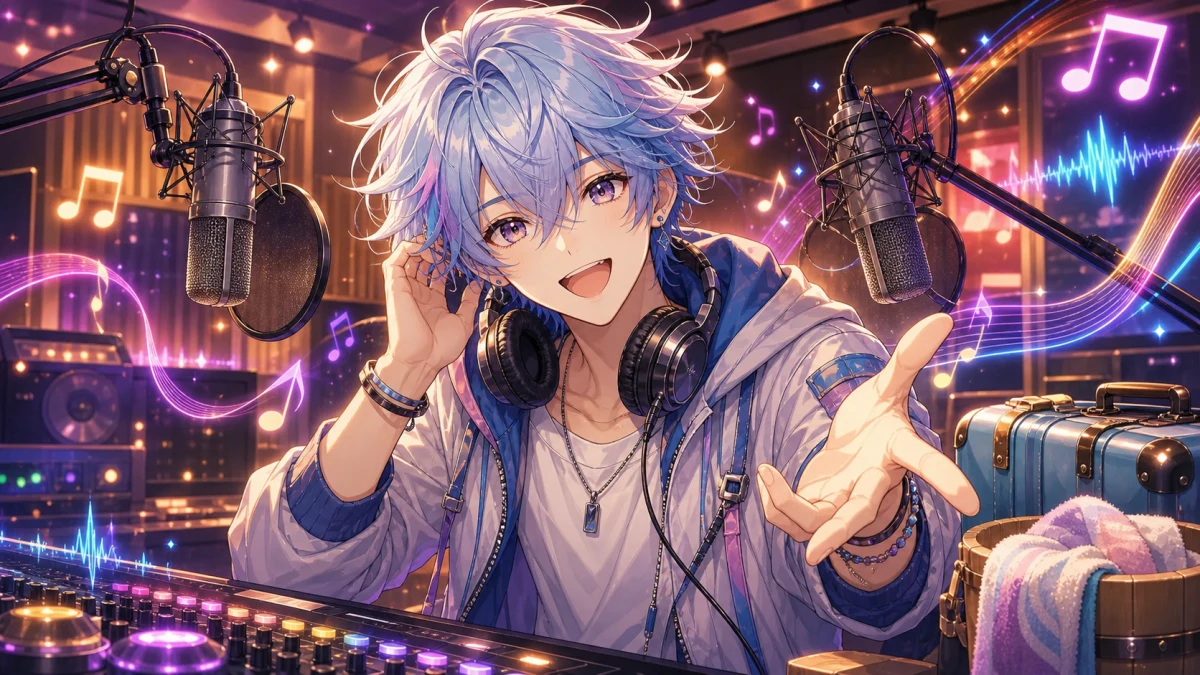 録音スタジオで二本のマイクと光る音のリボンに囲まれる男性のオリジナルキャラクターのイメージ