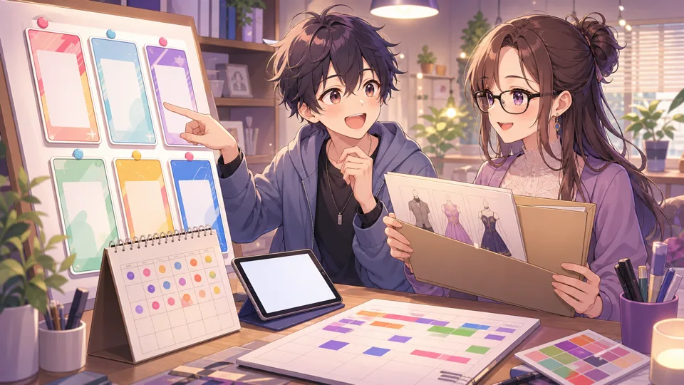 ショート動画の分析メモと新衣装の依頼資料を整理するオリジナル男女キャラクターのイメージ