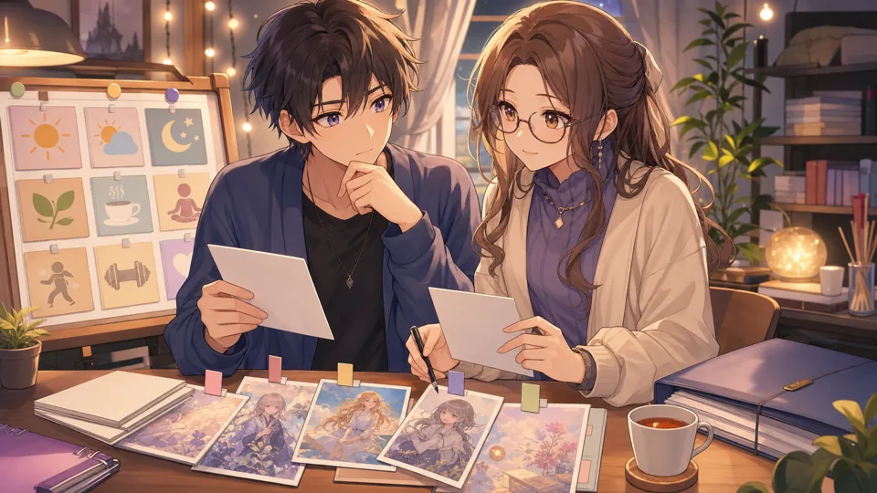 ファンアートのクレジットメモと休息予定表、運営資料を見比べるオリジナル男女キャラクターのイメージ