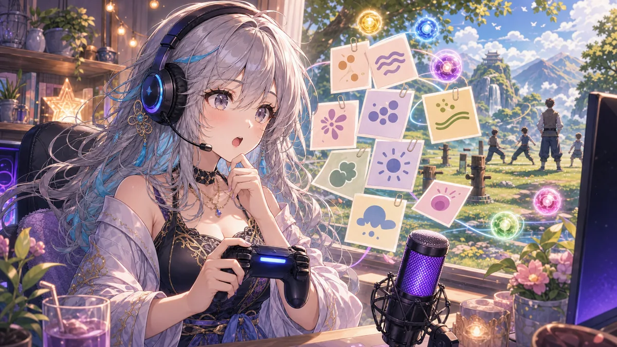 作品知識を整理しながら初見ゲームを始めるイメージ