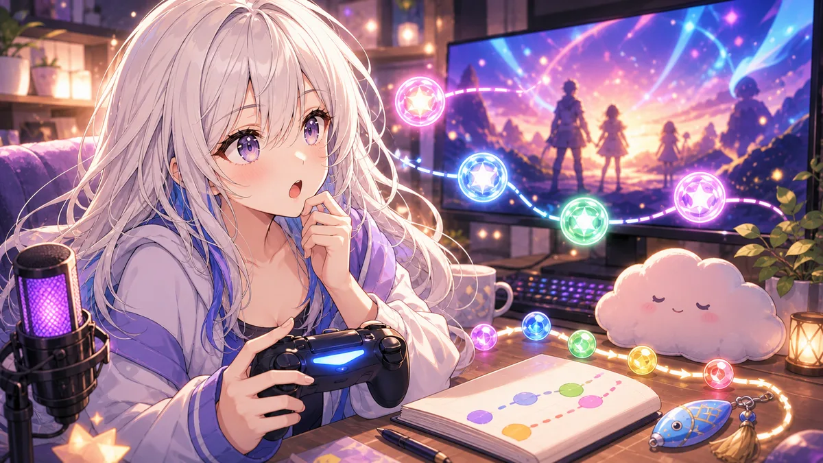 配信机でゲームの流れと反応の変化を整理する女性キャラクターのイメージ
