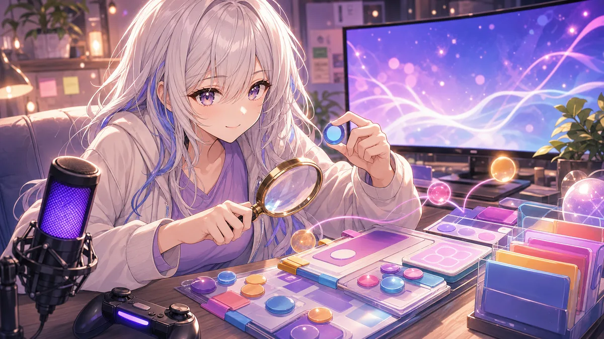 配信アーカイブと公式リンクを抽象的な小物で確認する女性キャラクターのイメージ