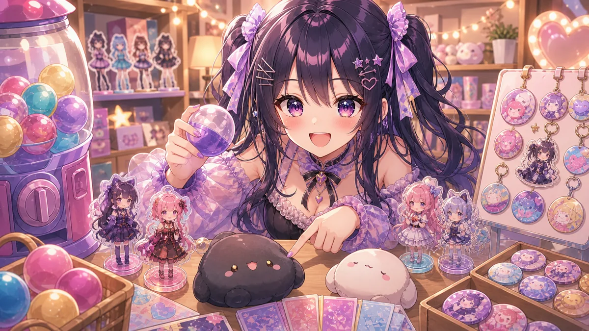 ガチャ機の前でおもち風クッションとアクリルスタンドを眺めるオリジナル女性キャラクターのイメージ