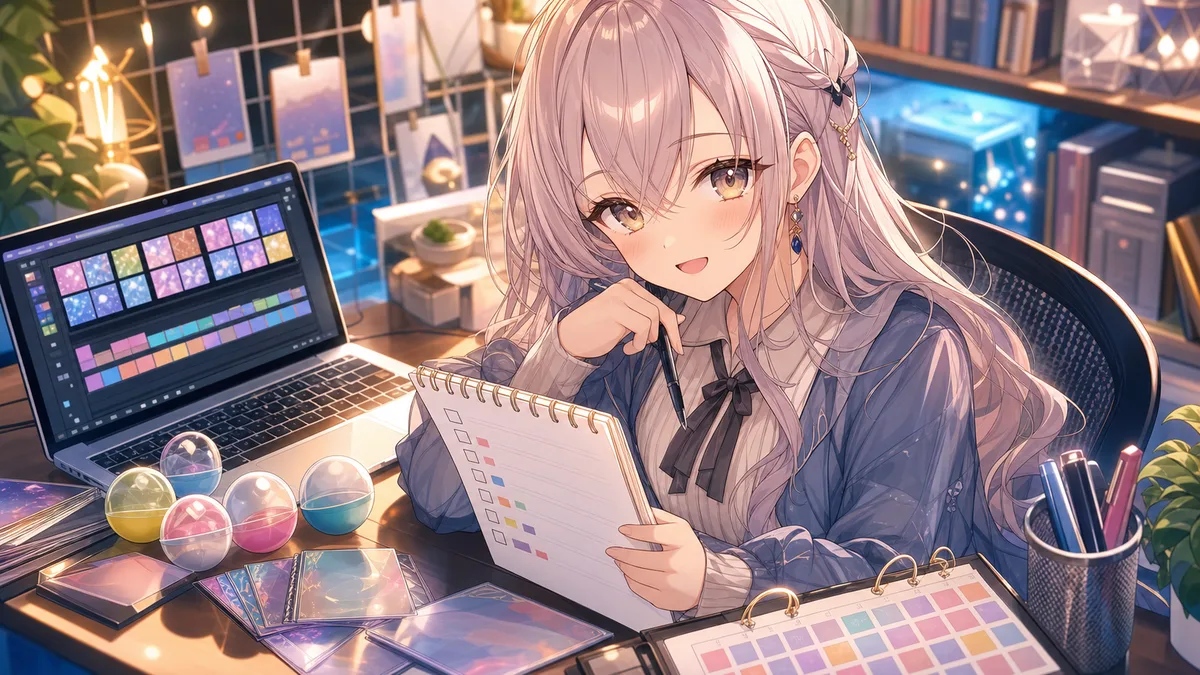 配信アーカイブの抽象タイムラインとガチャカプセルを前にメモを取るオリジナル女性キャラクターのイメージ