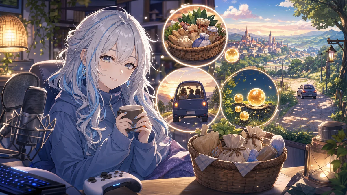 明るい町外れで食材探しと小さな光る球を集める女性キャラクター