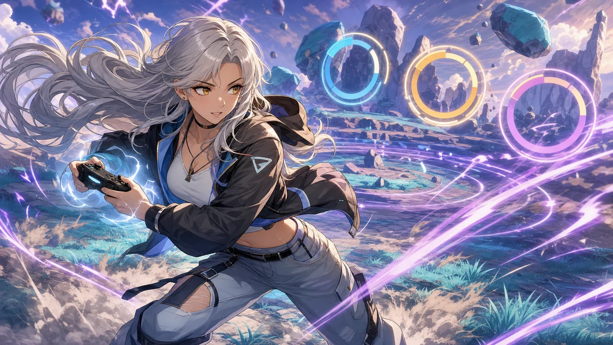 荒野の戦闘で光弾を避けながら気力をためる女性キャラクター