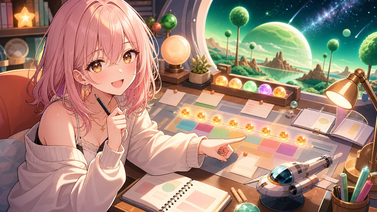 緑の惑星を望む配信机で、発光する丸い目印とタイムラインを確認するピンク髪の女性キャラクター