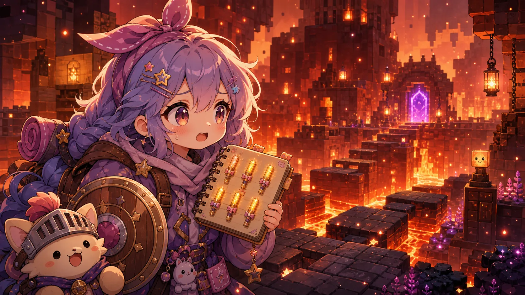 ネザー要塞を前に、盾とブロックを確認しながら進むオリジナルキャラクターのイメージ