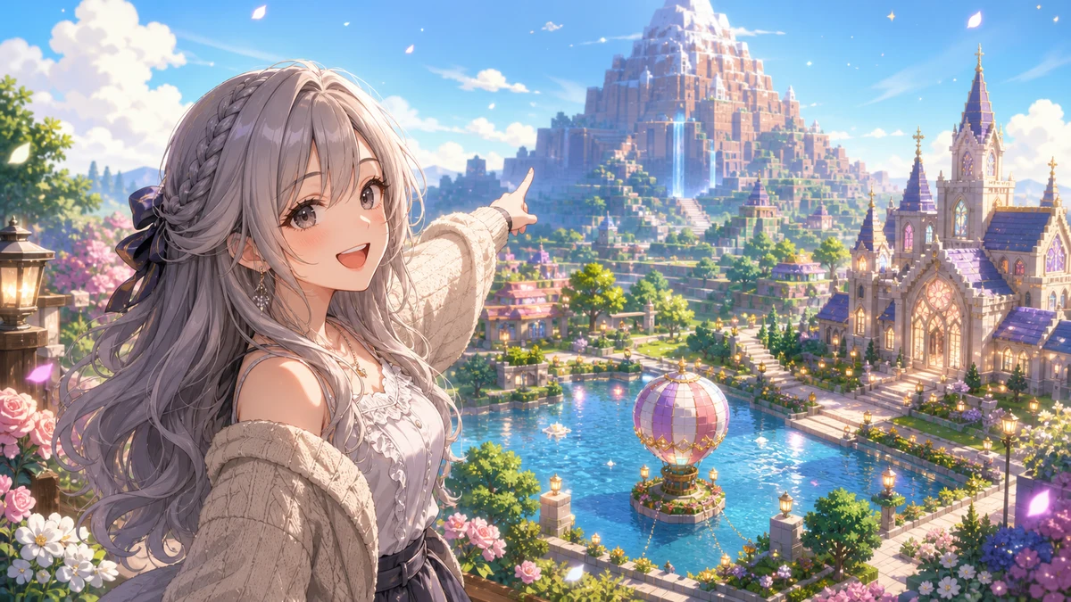 大きな池と気球を見ながら山作りへ向かう女性キャラクターのイメージ