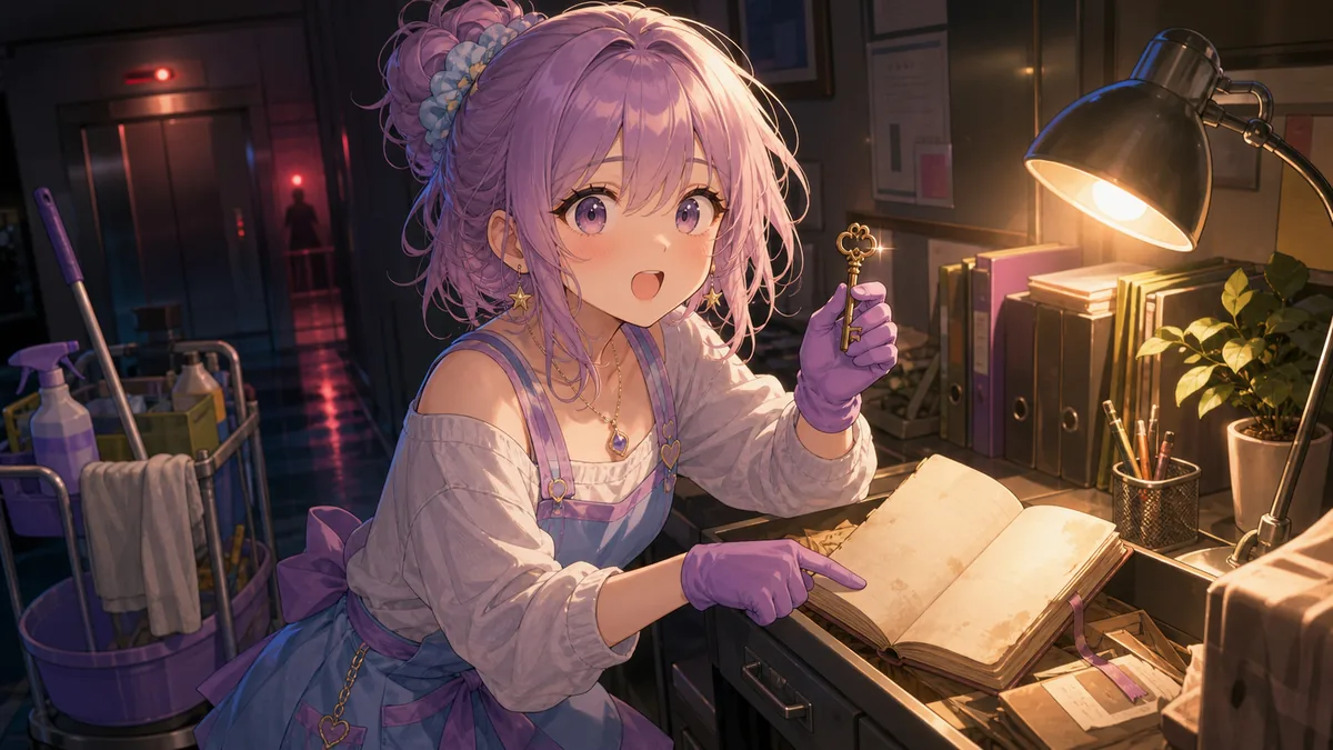 明るい配信画面の前で鍵と古い日記を確認しながらほっとするオリジナル女性キャラクターのイメージ