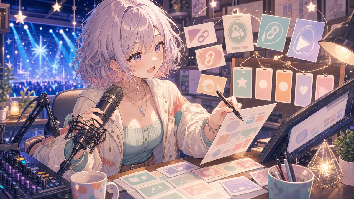 配信机にマイク、制作メモ、イラストタブレット、ミキサーを並べるオリジナル女性キャラクターのイメージ