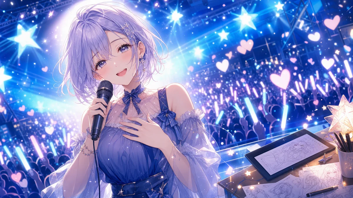 星形ライトとペンライトの光に囲まれ、配信後の余韻を受け止めるオリジナル女性キャラクターのイメージ