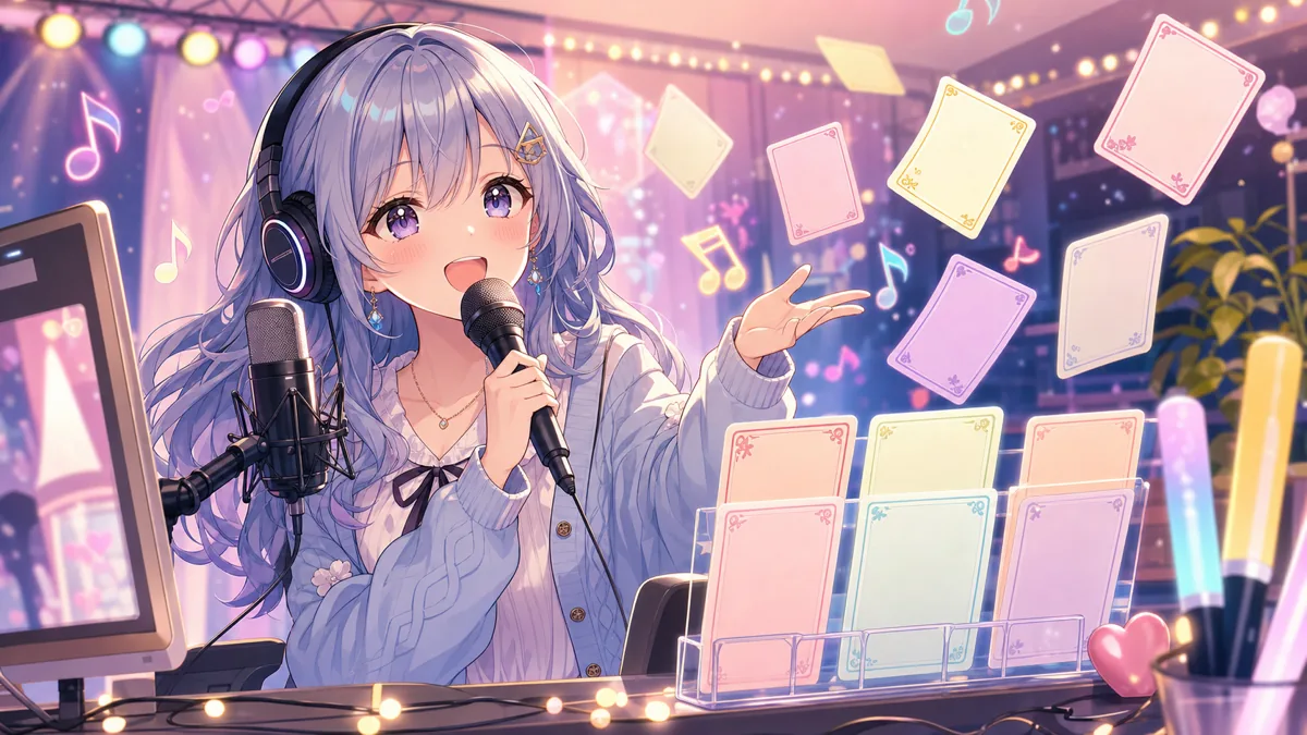 6曲の持ち込み曲とリクエストカードを前に歌うオリジナル女性キャラクターのイメージ