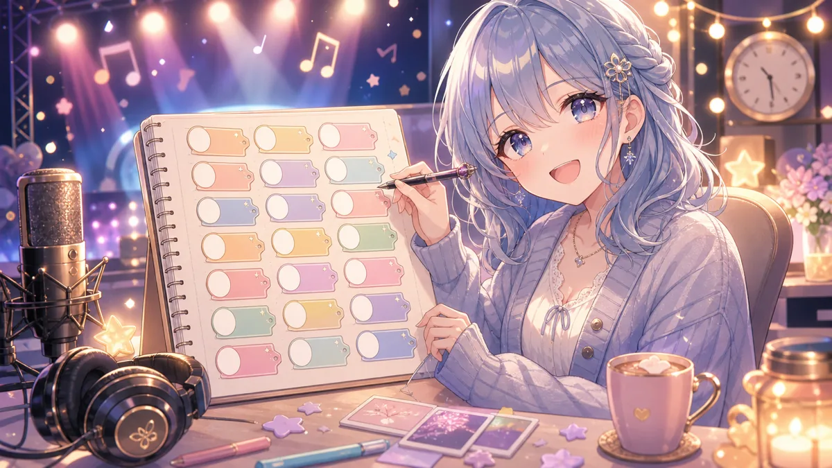 20曲分のセトリを整理する配信後のオリジナル女性キャラクターのイメージ