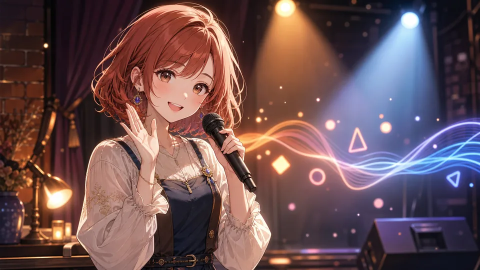 マイクスタンドの前で表情を切り替えるオリジナル女性キャラクターとカラフルな音符の照明