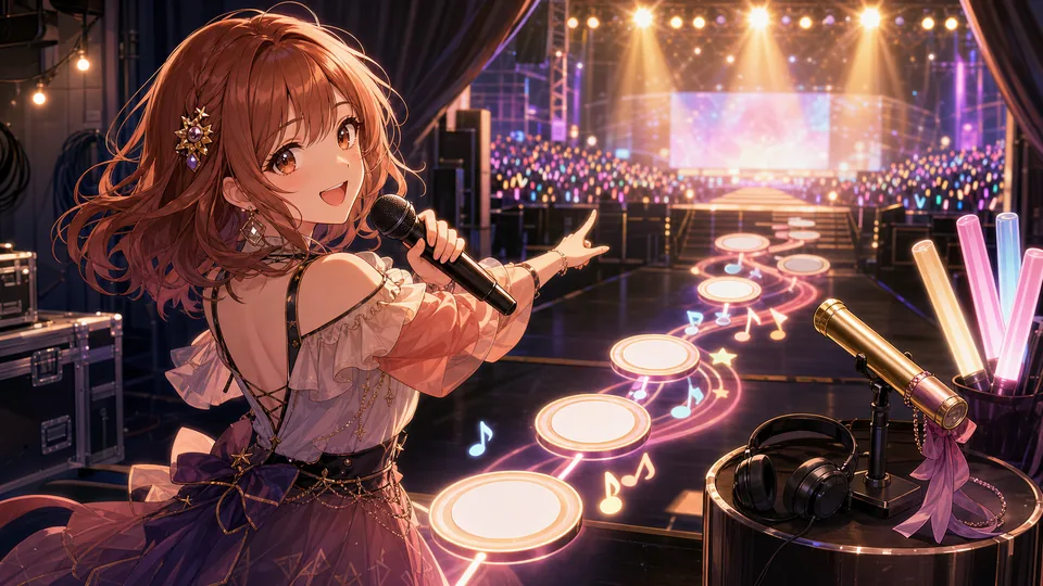 セットリストを示す音楽小物に囲まれたオリジナル女性キャラクターと明るいリレーステージ