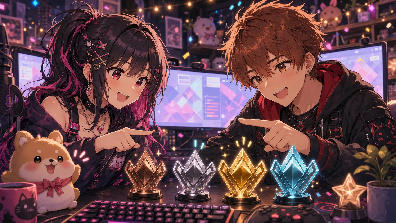 ランク結晶を前に男女のオリジナルキャラクターが指差す配信イメージ
