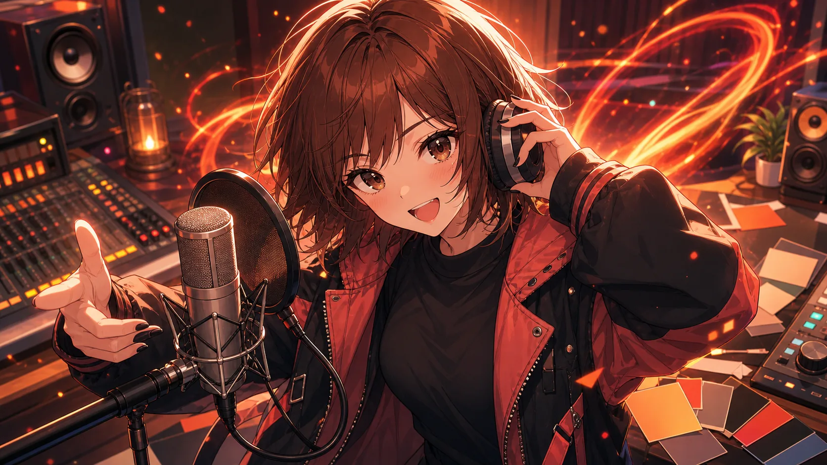 録音ブースで初ラップ挑戦と制作陣のクレジットを確認するオリジナル女性キャラクターのイメージ