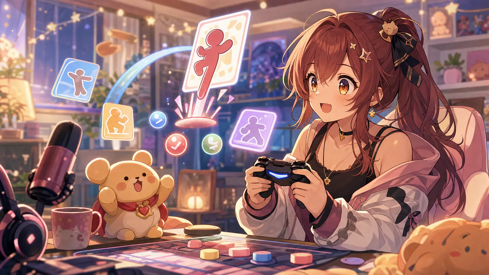 明るい練習ステージ風の配信部屋で対空メモと抽象的な対戦カードを確認するオリジナル女性キャラクターのイメージ